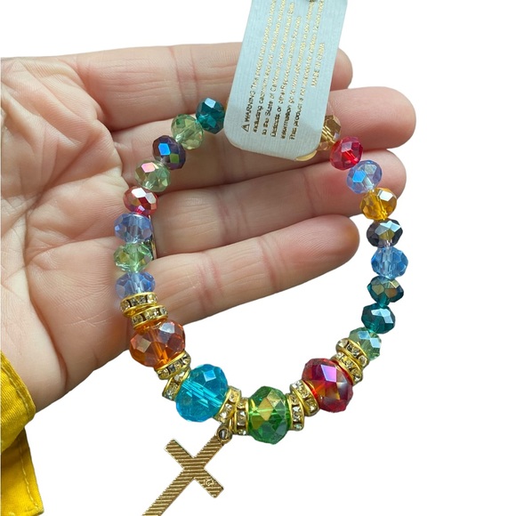 Multicolored Beaded Stretch Bracelet with Rhinestone Cross Charm - Picture 5 of 5